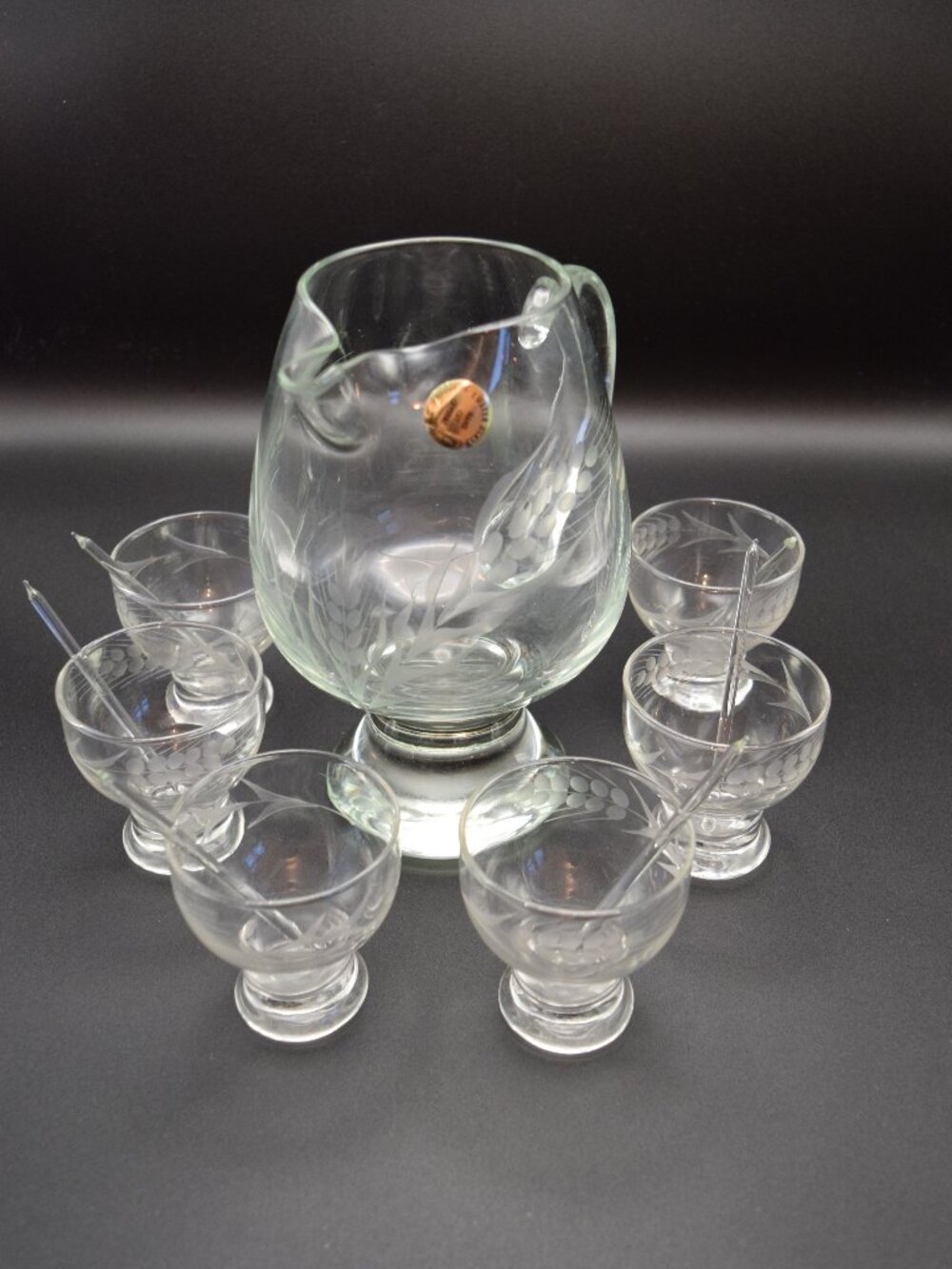 MCM Wheat Pattern Etched Crystal Stemless Martini Set - Complete - Rare